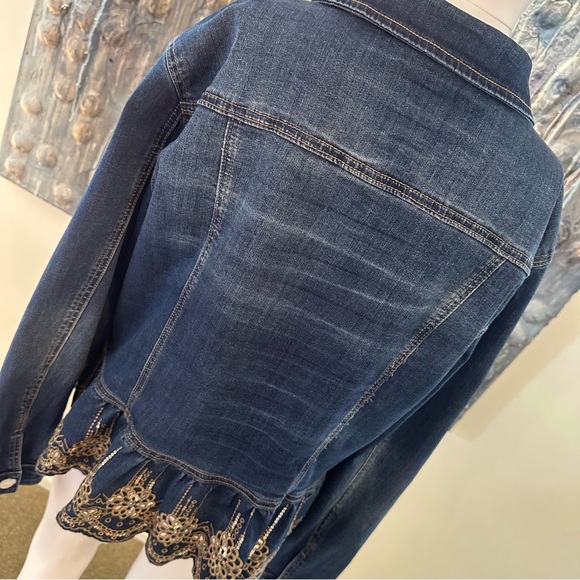 Marbella Lg Dark Blue Denim Jacket with Gold Embroidery and Sequin NWOT - Picture 13 of 14